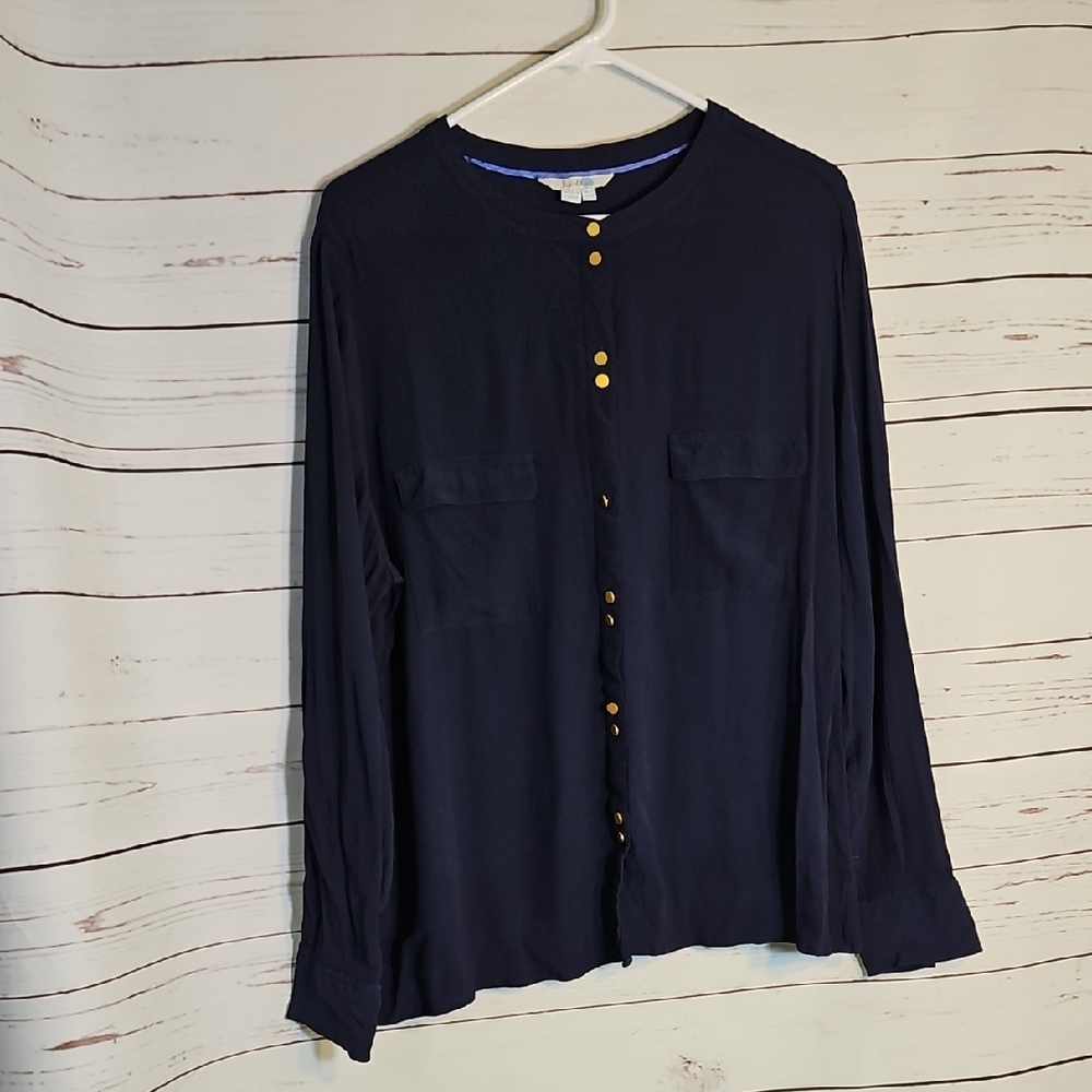 Boden Navy Blue Viscose Long Sleeve Button Front Shirt ,GOLD bUTTONS US 10